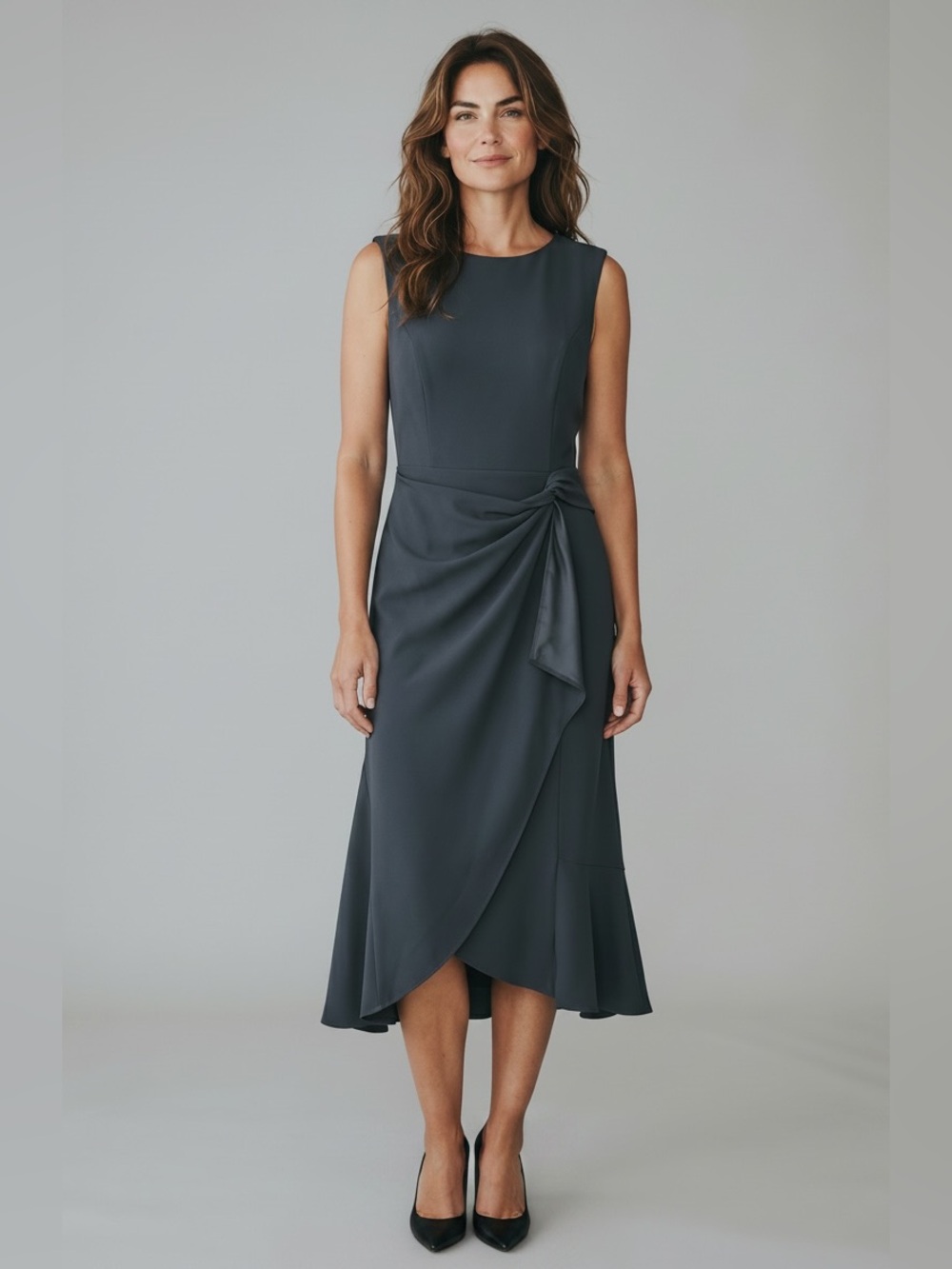 Fehaute Sleeveless A-line Midi Dress Twist Waist in Cool Navy Blue - Size 8, NWT